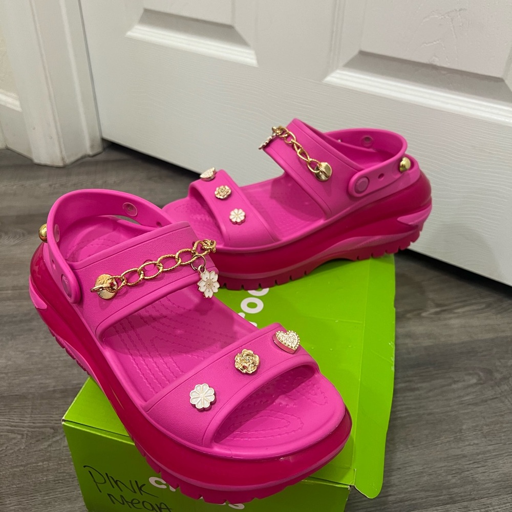 CROCS Mega Fuchsia Sandals with Gold Charms SOLD OUT